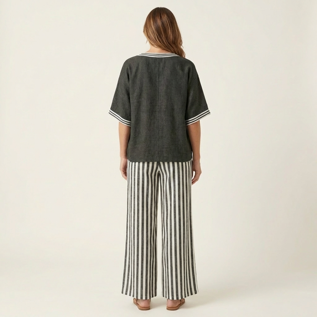 Juliana | V-ringad Varsity Topp & Randig Vidbyx Set