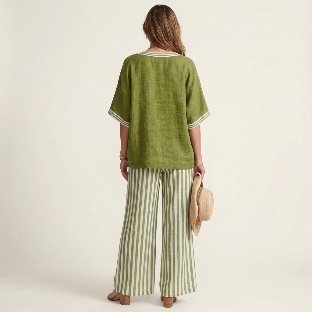 Juliana | V-ringad Varsity Topp & Randig Vidbyx Set