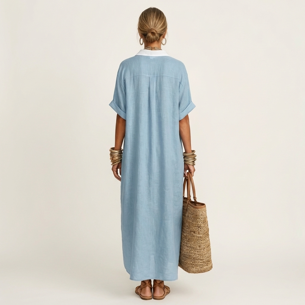 Kamira | Kontrastkrage Knappframs Maxiklänning med Korta Ärmar