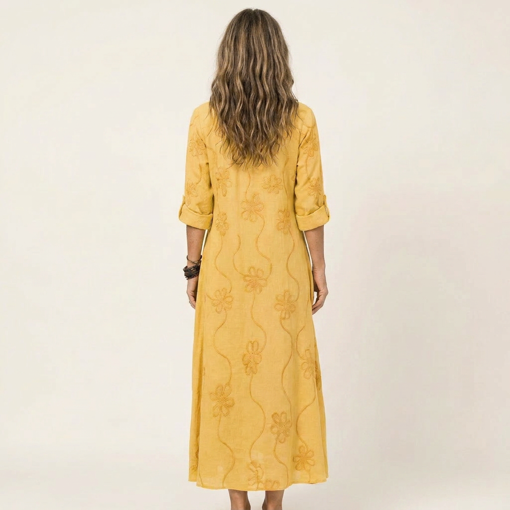 Mariam | Maxi Klänning i Bomull-Linne med Tonal Blomsterbroderi