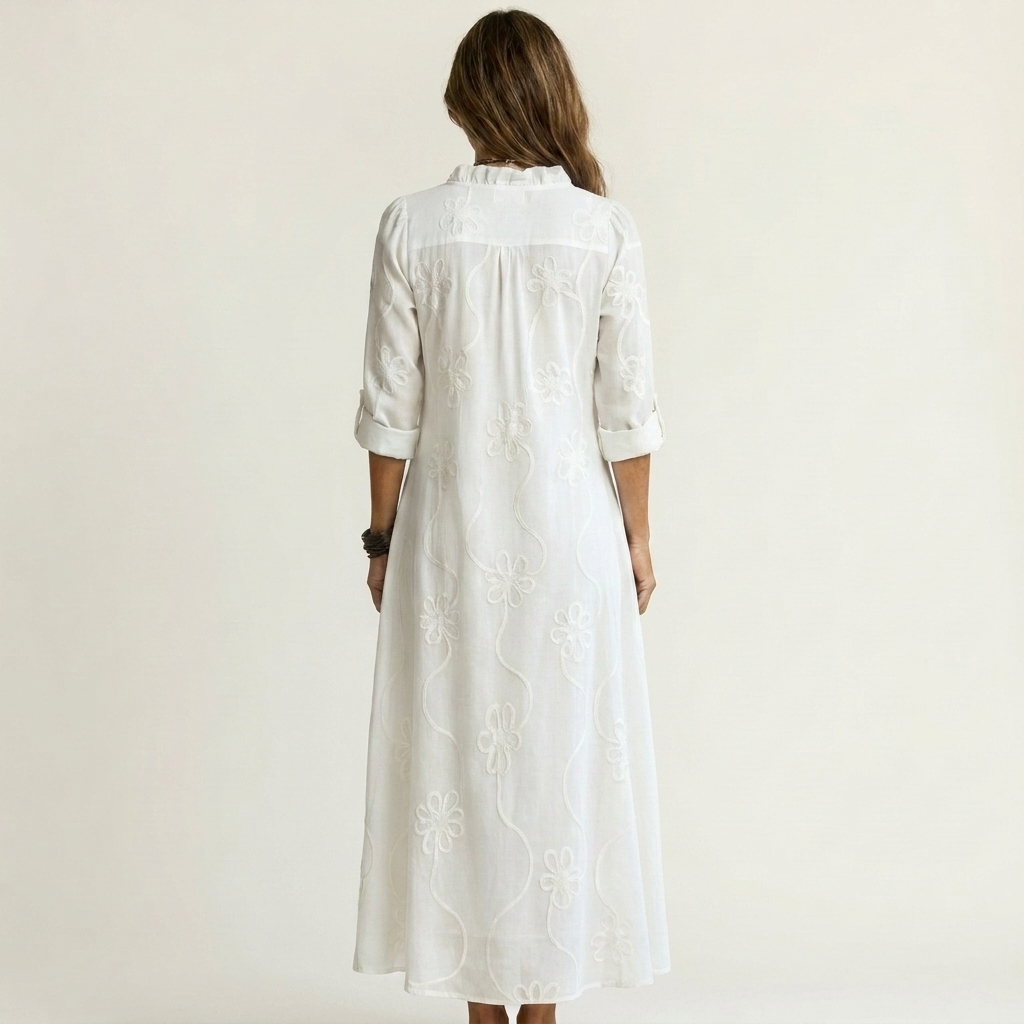 Mariam | Maxi Klänning i Bomull-Linne med Tonal Blomsterbroderi
