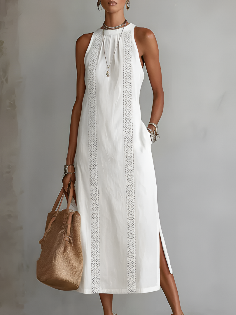 Jimena | Casual Broderet Mandarin Krave Midi Dress