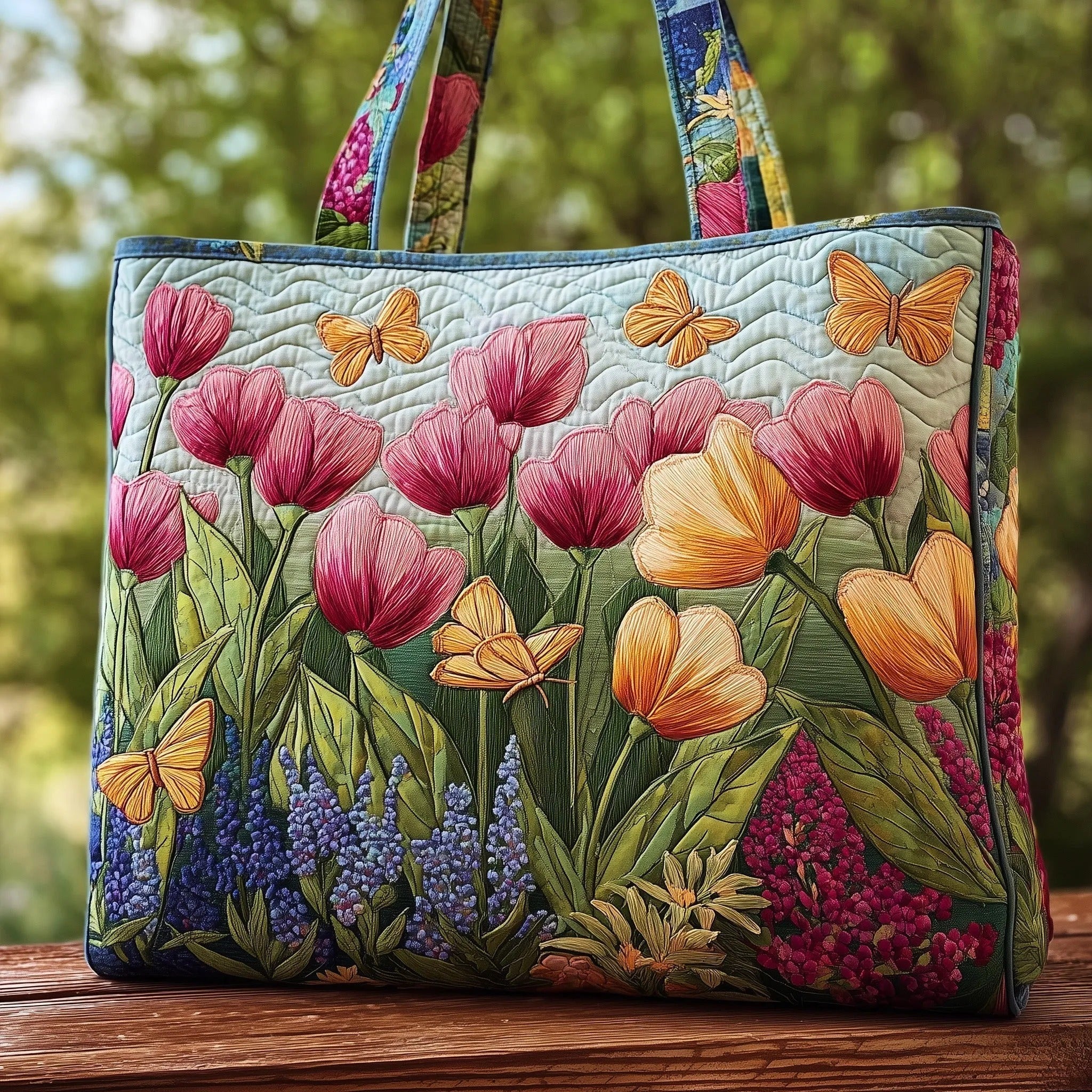 HANDSYDD VÄSKA - TULIPANER