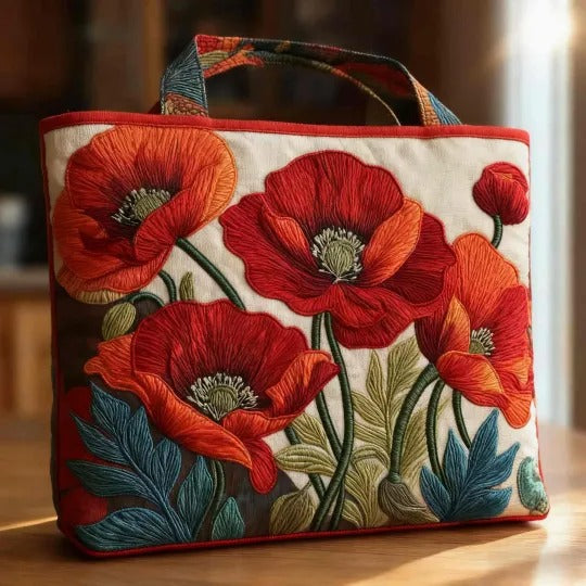 HANDSYDD VÄSKA - RÖDA BLOMMOR