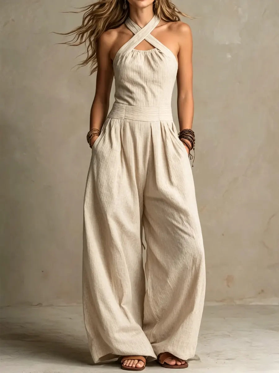 Bianca | Elegant Jumpsuit in Linen and Cotton with Crossover Detail