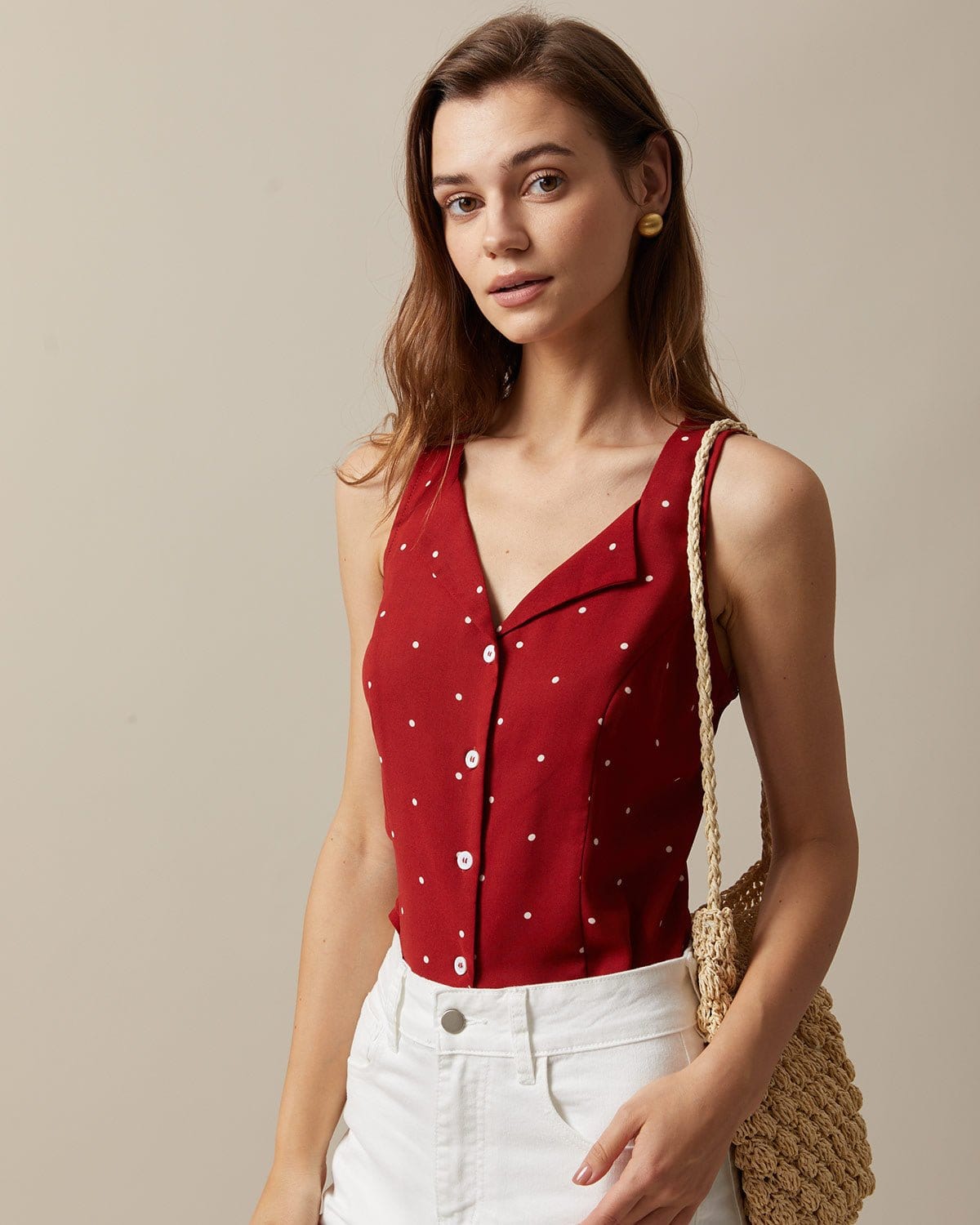 Den Röda V-Hals Polka Dot Tryck Ärmlös Väst