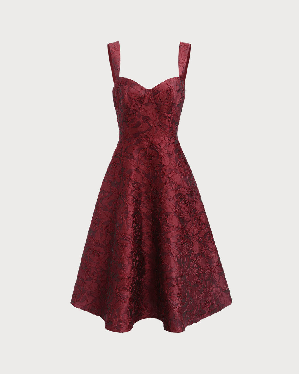 Den Röda Sweetheart Hals Jacquard Midi Klänning