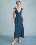 Navy V-ringad Polka Dot Spets Rynkad Maxi Klänning