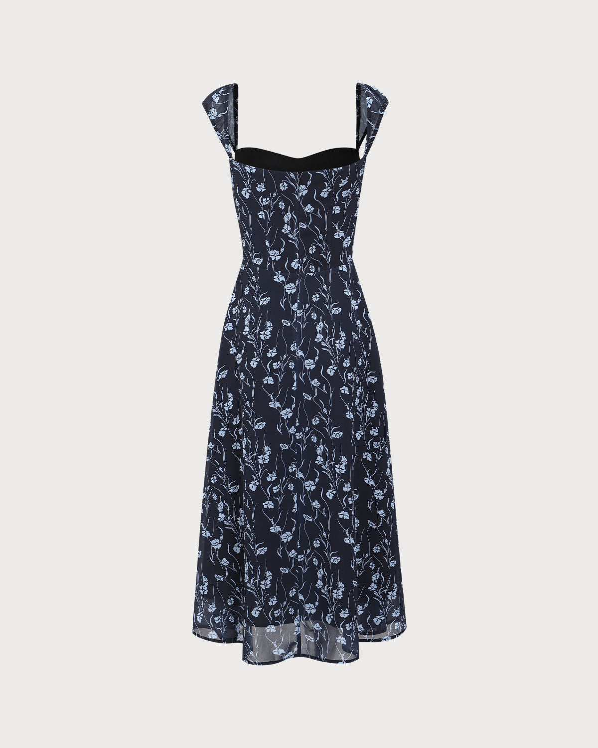 Marinblommig Sweetheart Neck Midi Klänning