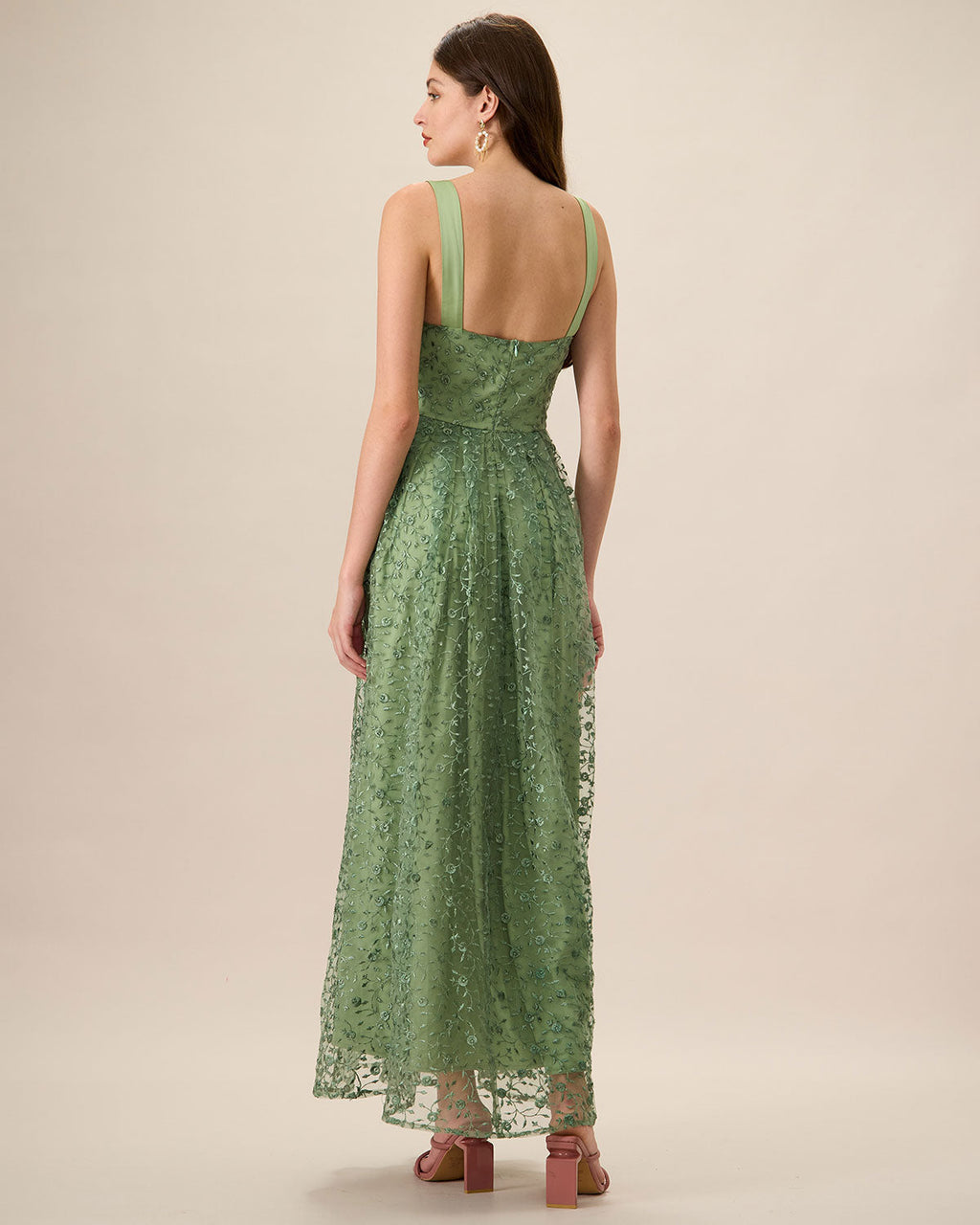Kvinnors Grön Broderad Mesh Slip Maxi Klänning