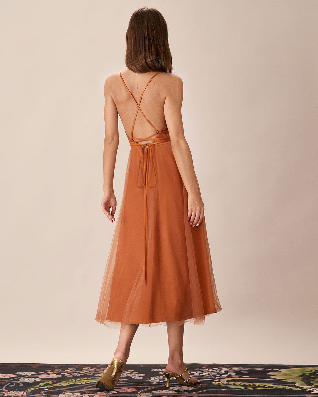 Karamell Mesh Flowy Slip Midi Klänning