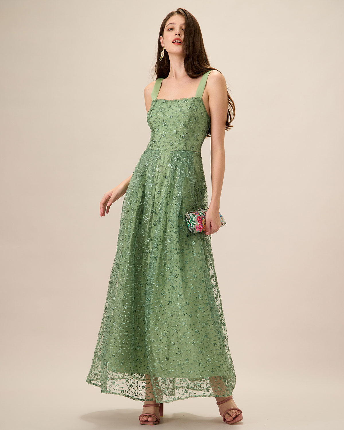 Kvinnors Grön Broderad Mesh Slip Maxi Klänning