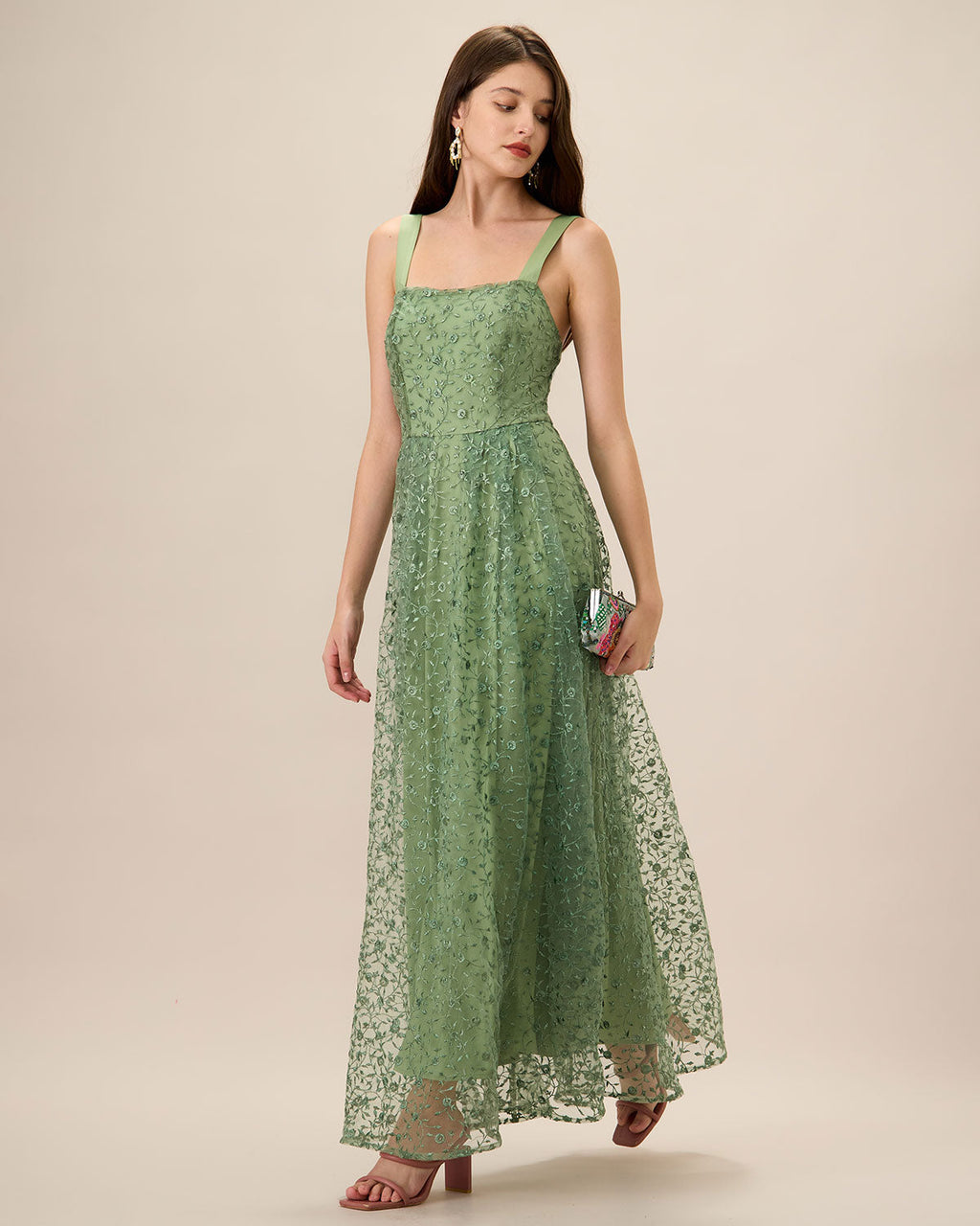 Kvinnors Grön Broderad Mesh Slip Maxi Klänning