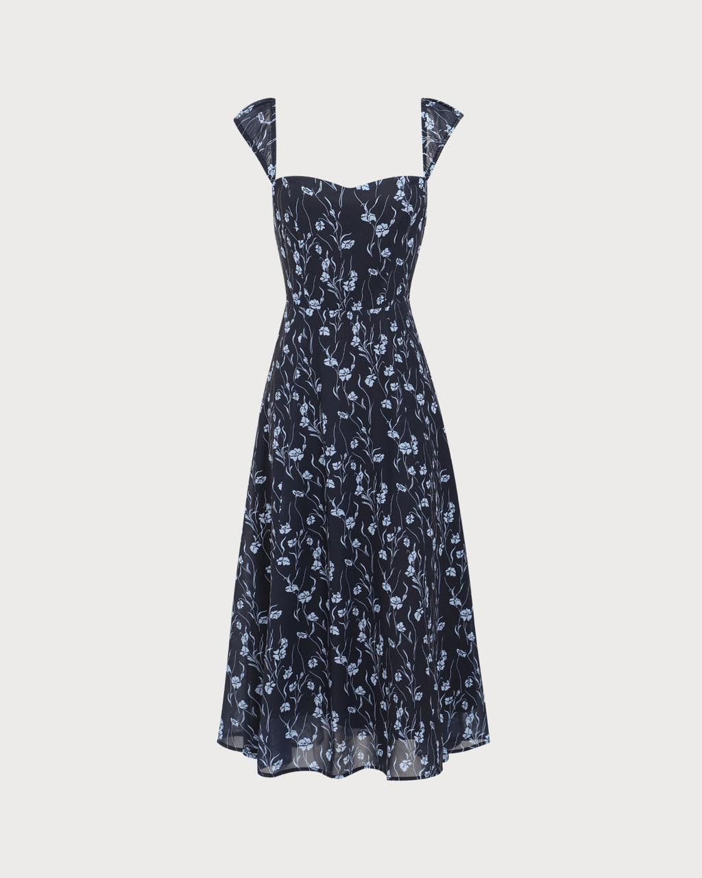 Marinblommig Sweetheart Neck Midi Klänning