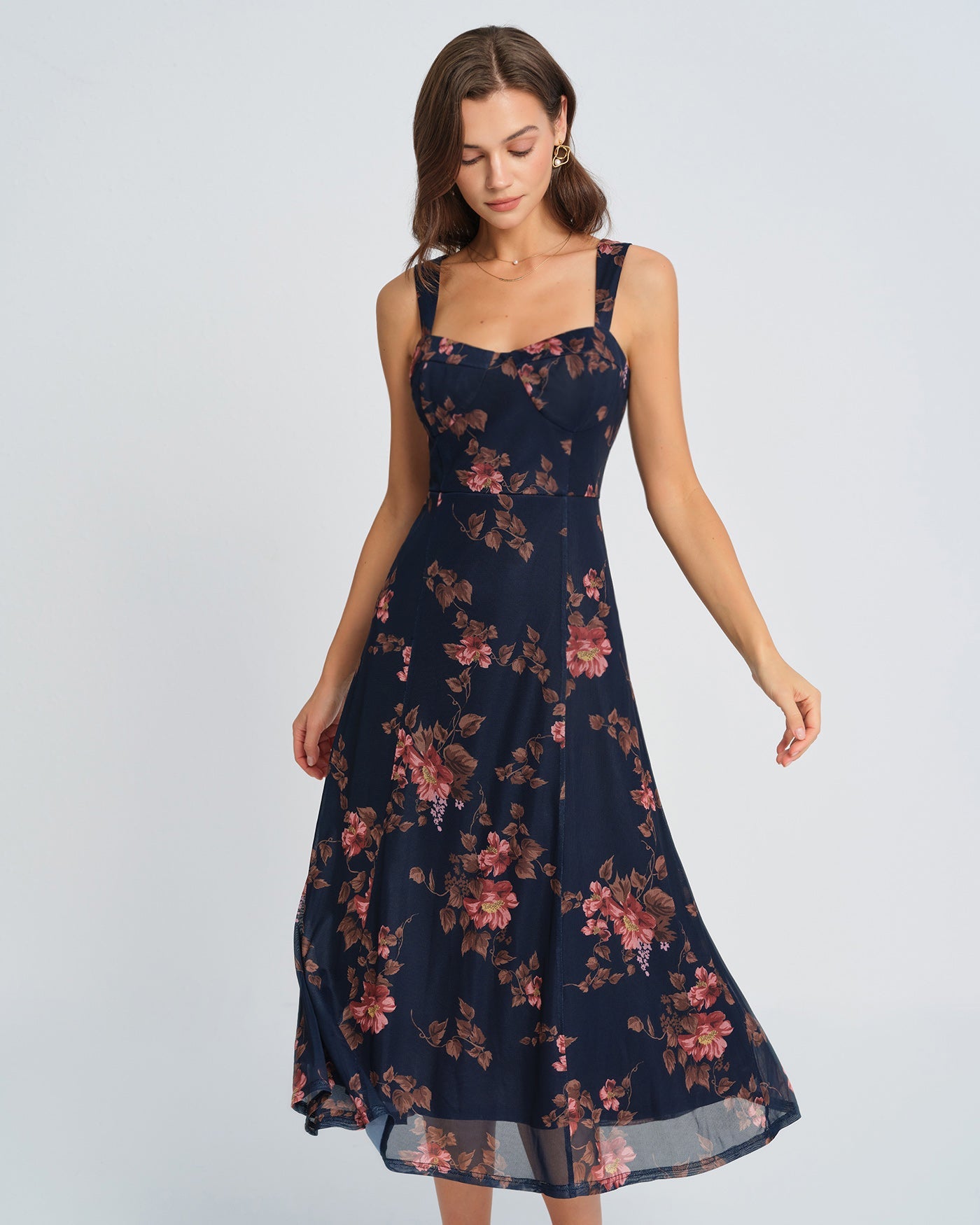 Blå Blommig Slip Midi Klänning