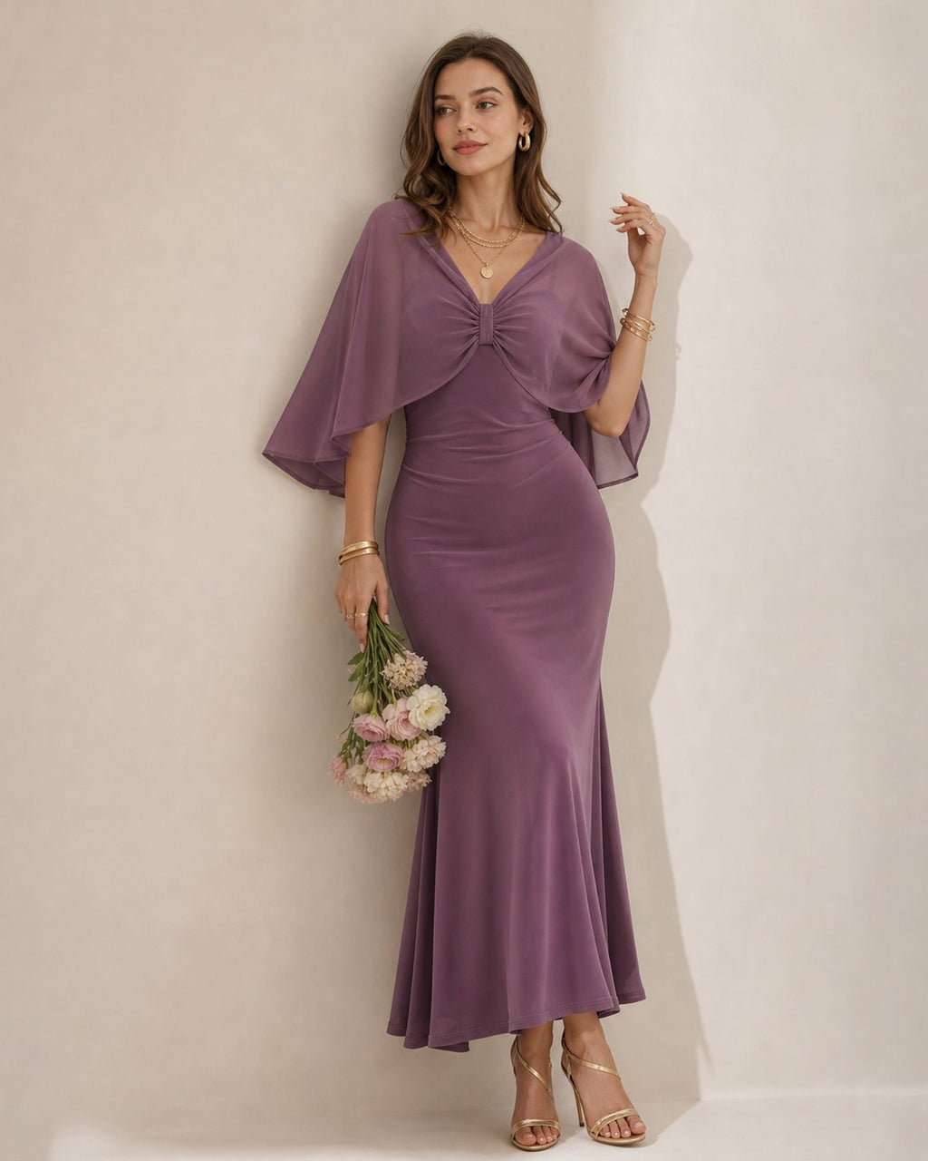 Lila V-ringad Chiffon Maxi Klänning