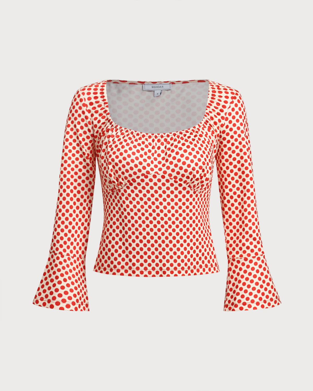 Röd Prickig U-Hals Bell Sleeve T-shirt