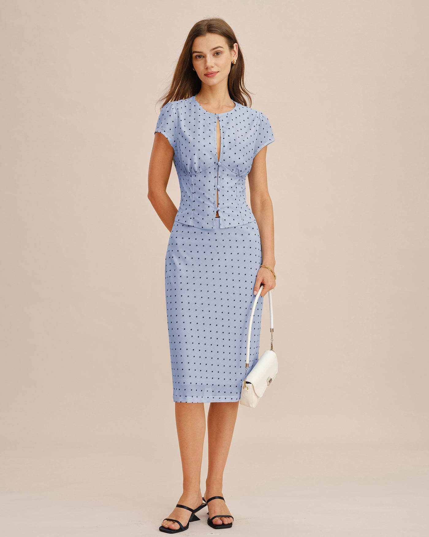 Blå Rundhalsad Polka Dot Knapp T-shirt