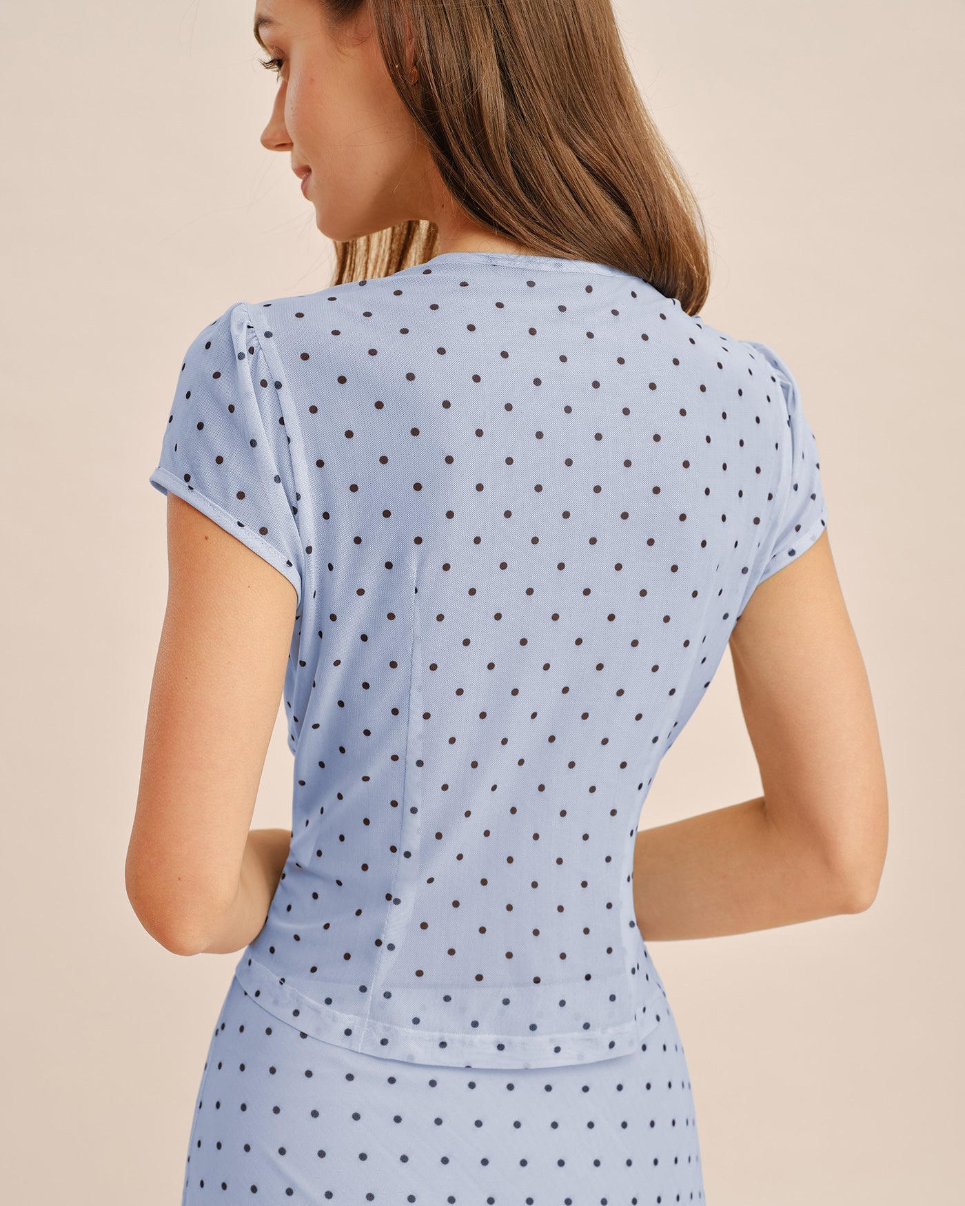 Blå Rundhalsad Polka Dot Knapp T-shirt