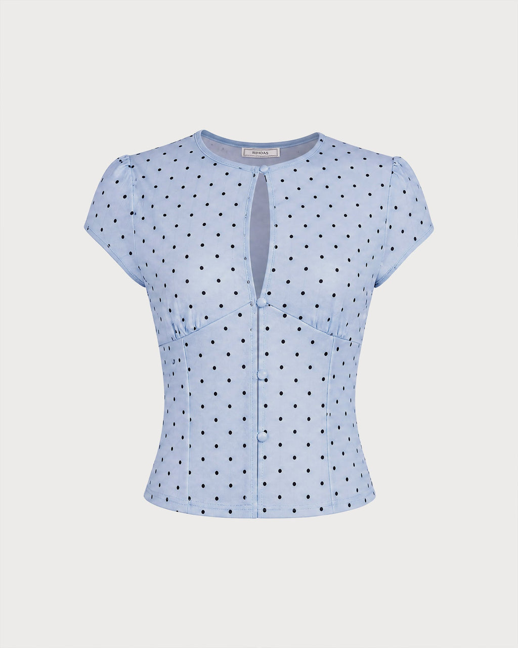 Blå Rundhalsad Polka Dot Knapp T-shirt