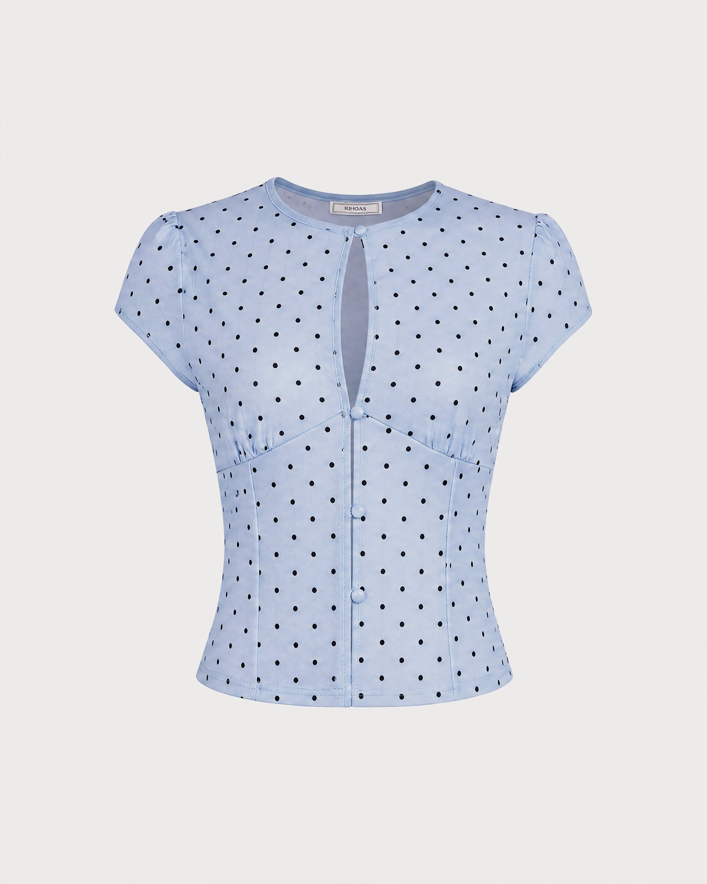 Blå Rundhalsad Polka Dot Knapp T-shirt