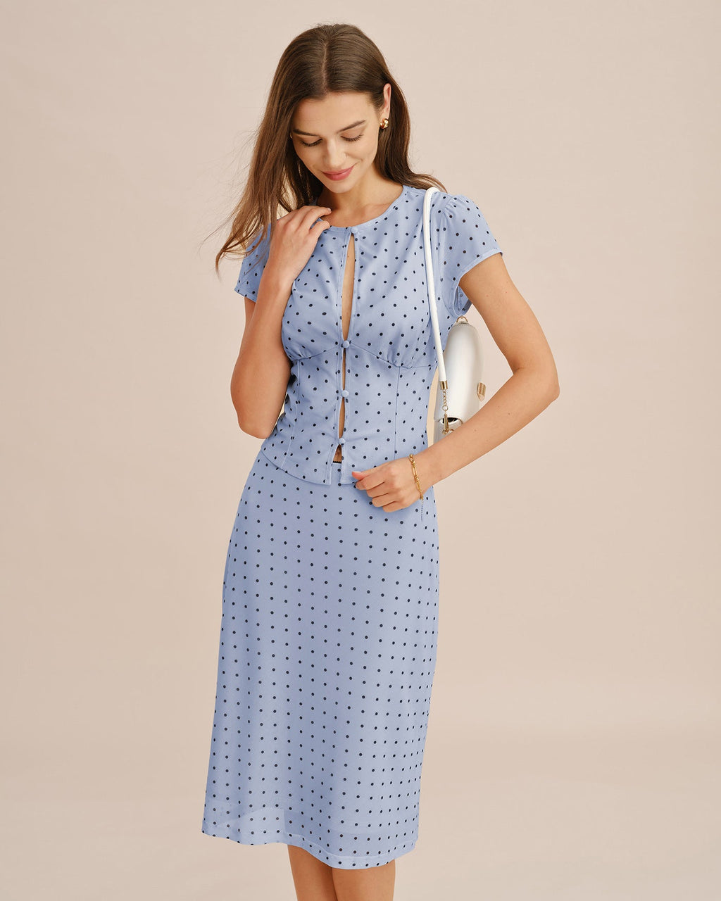 Blå Rundhalsad Polka Dot Knapp T-shirt