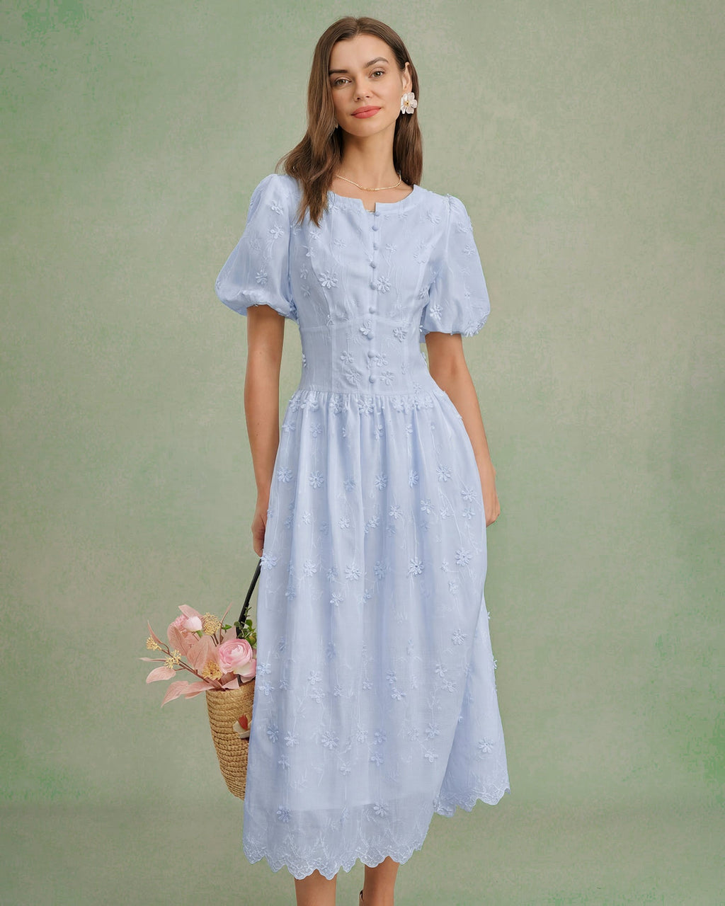 Blå Blommig Texturerad Midi Klänning