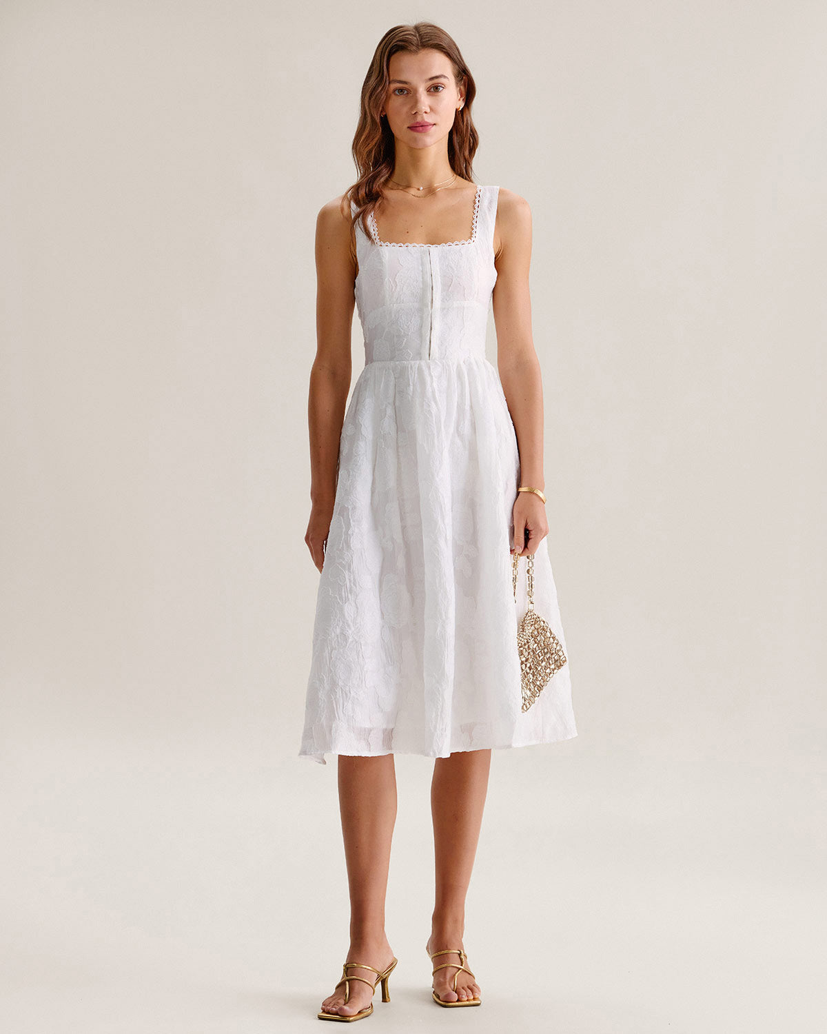 Vit Jacquard Rynkad Slip Midi Klänning