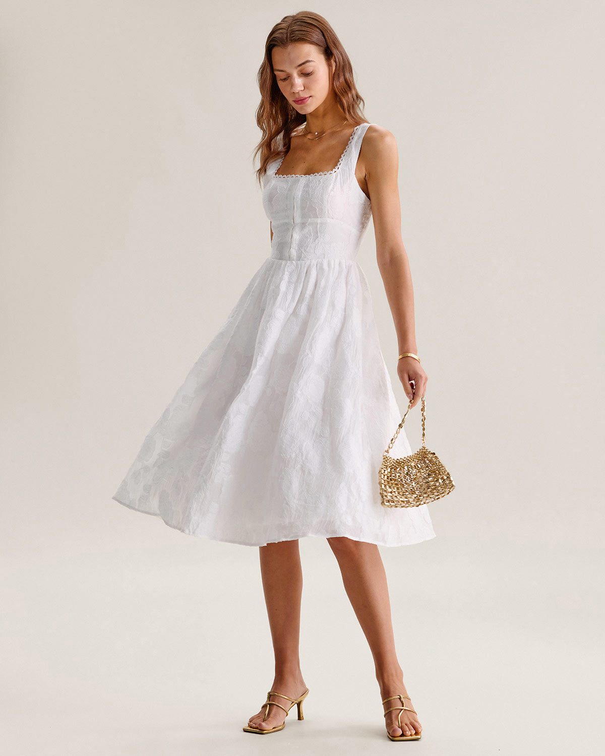 Vit Jacquard Rynkad Slip Midi Klänning