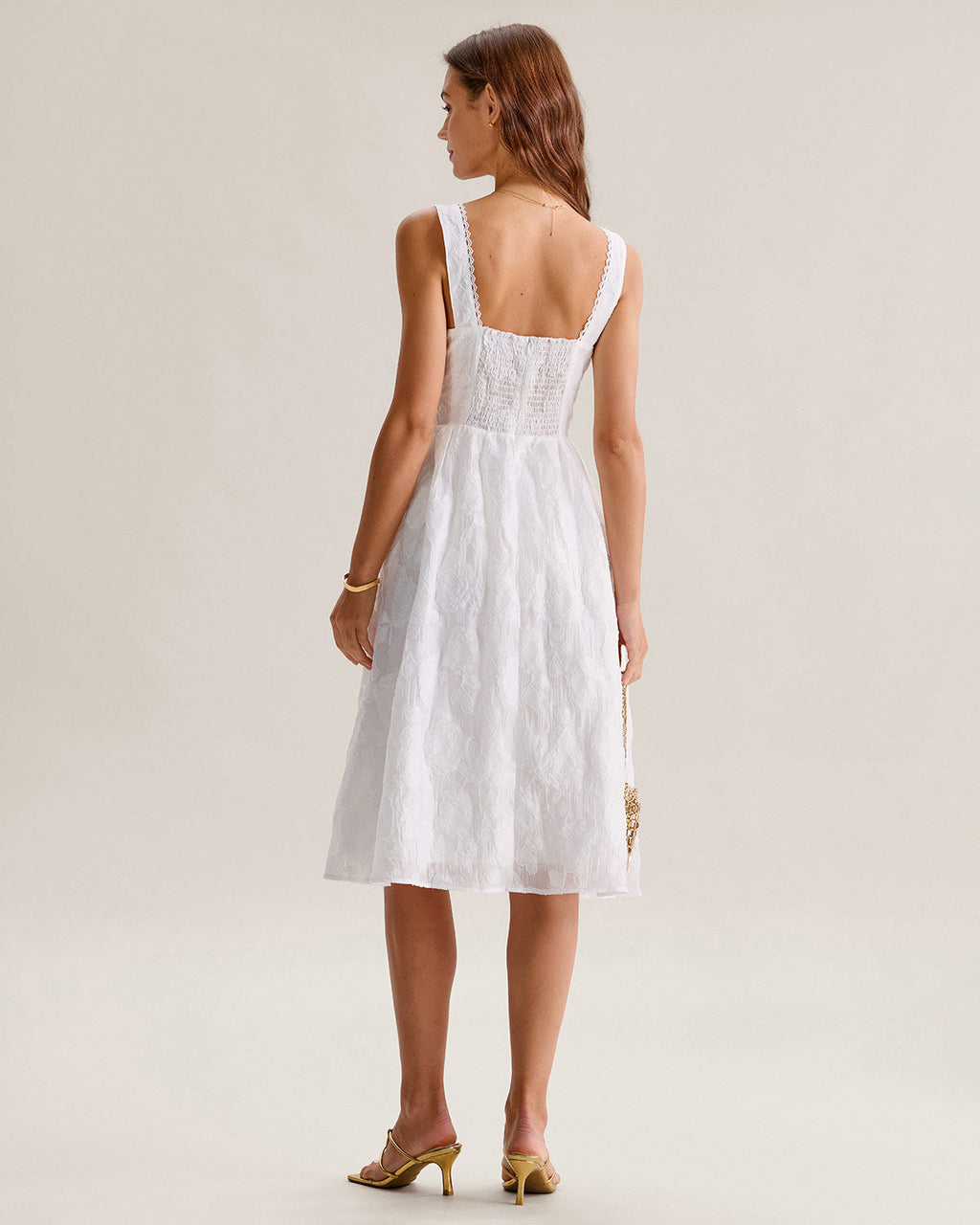 Vit Jacquard Rynkad Slip Midi Klänning
