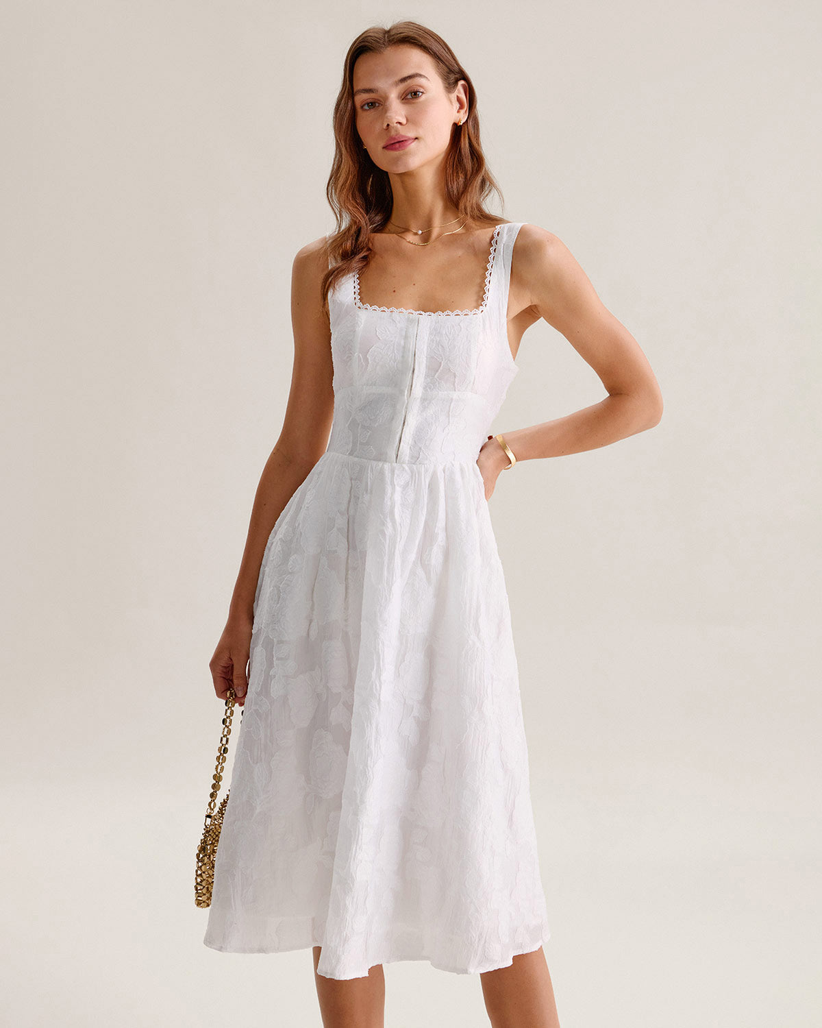Vit Jacquard Rynkad Slip Midi Klänning
