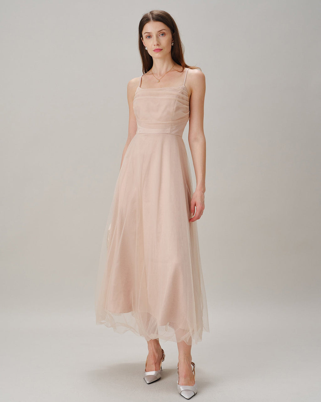 Aprikos Plisserad Flowy Slip Midi Klänning