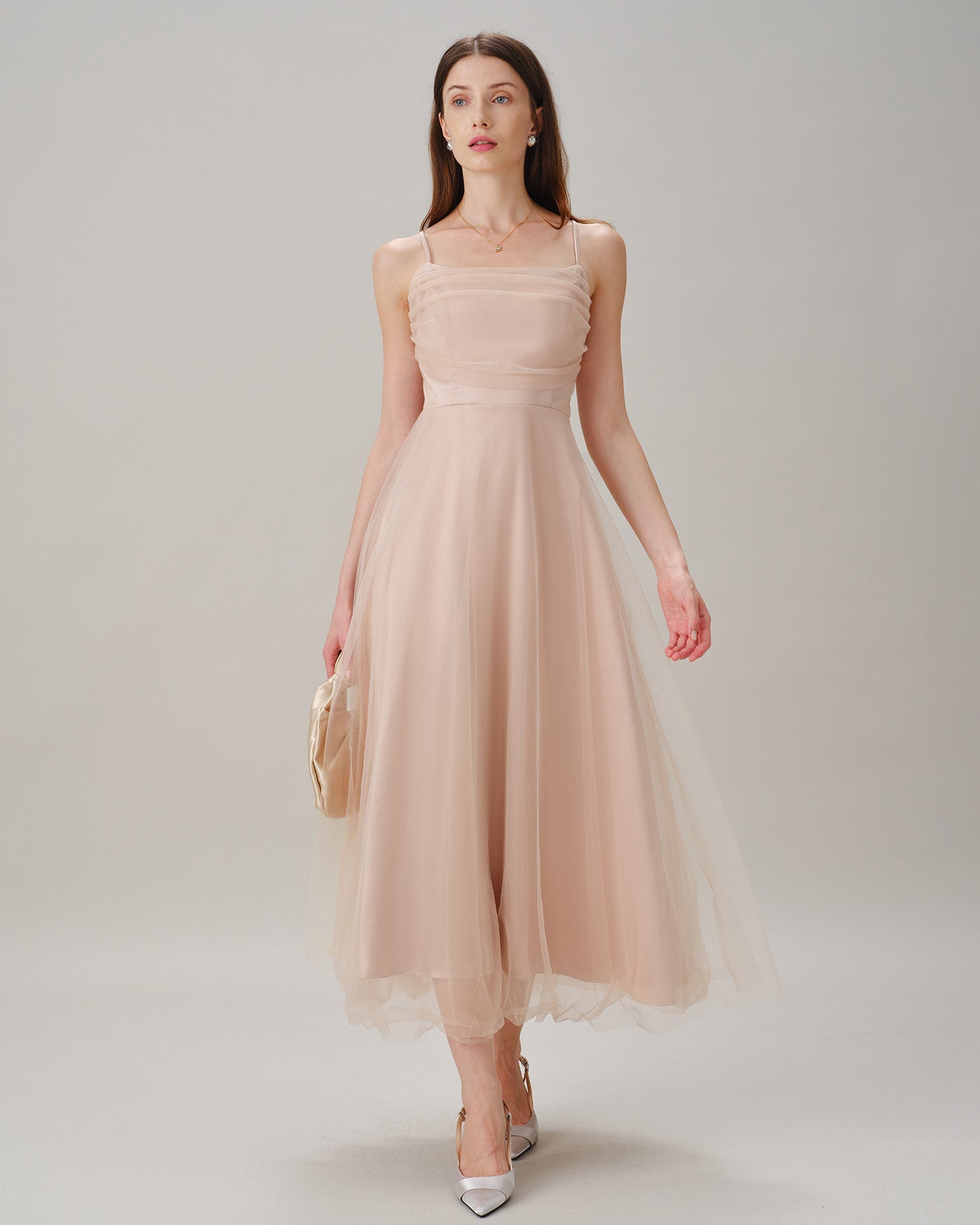 Aprikos Plisserad Flowy Slip Midi Klänning