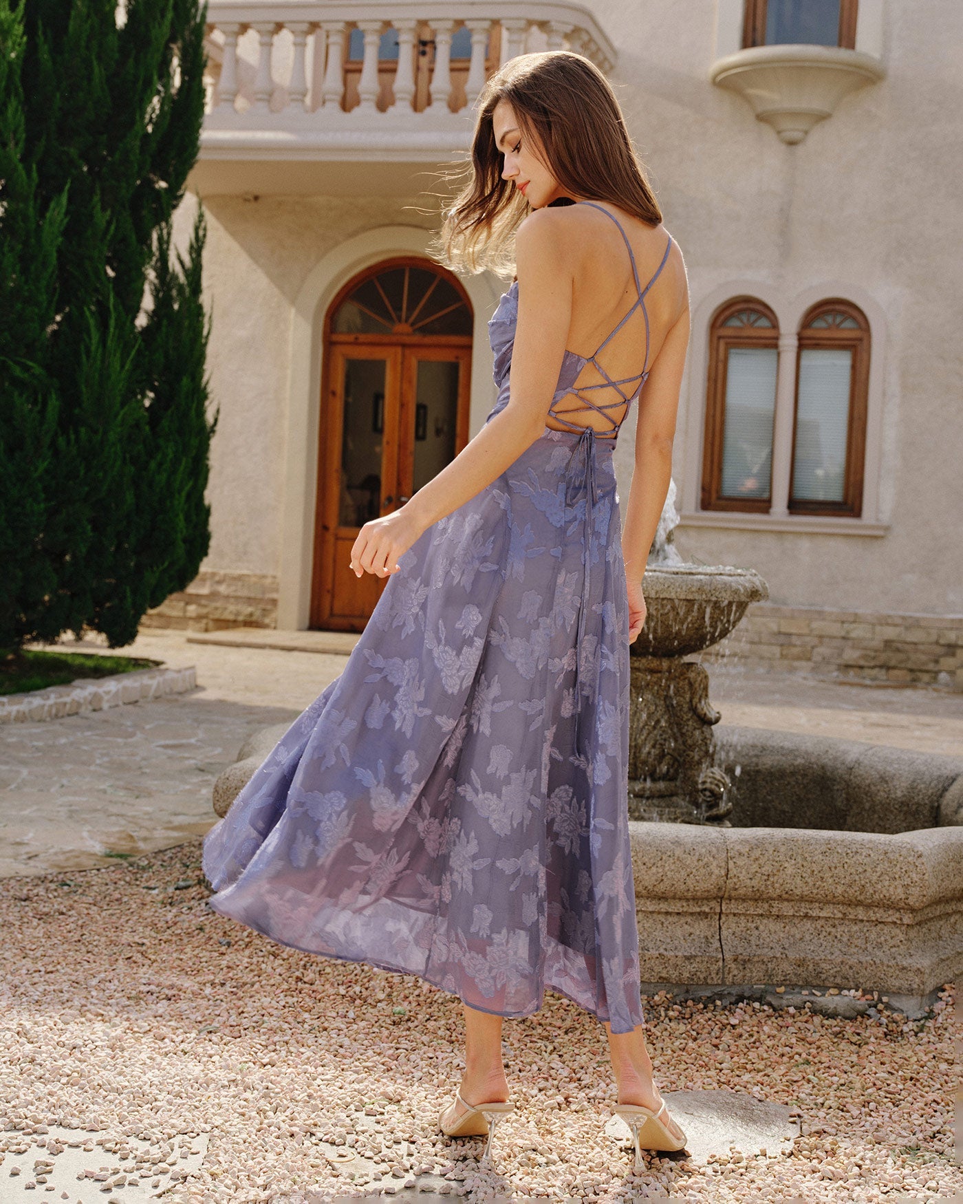 Blå Jacquard Slip Maxi Klänning