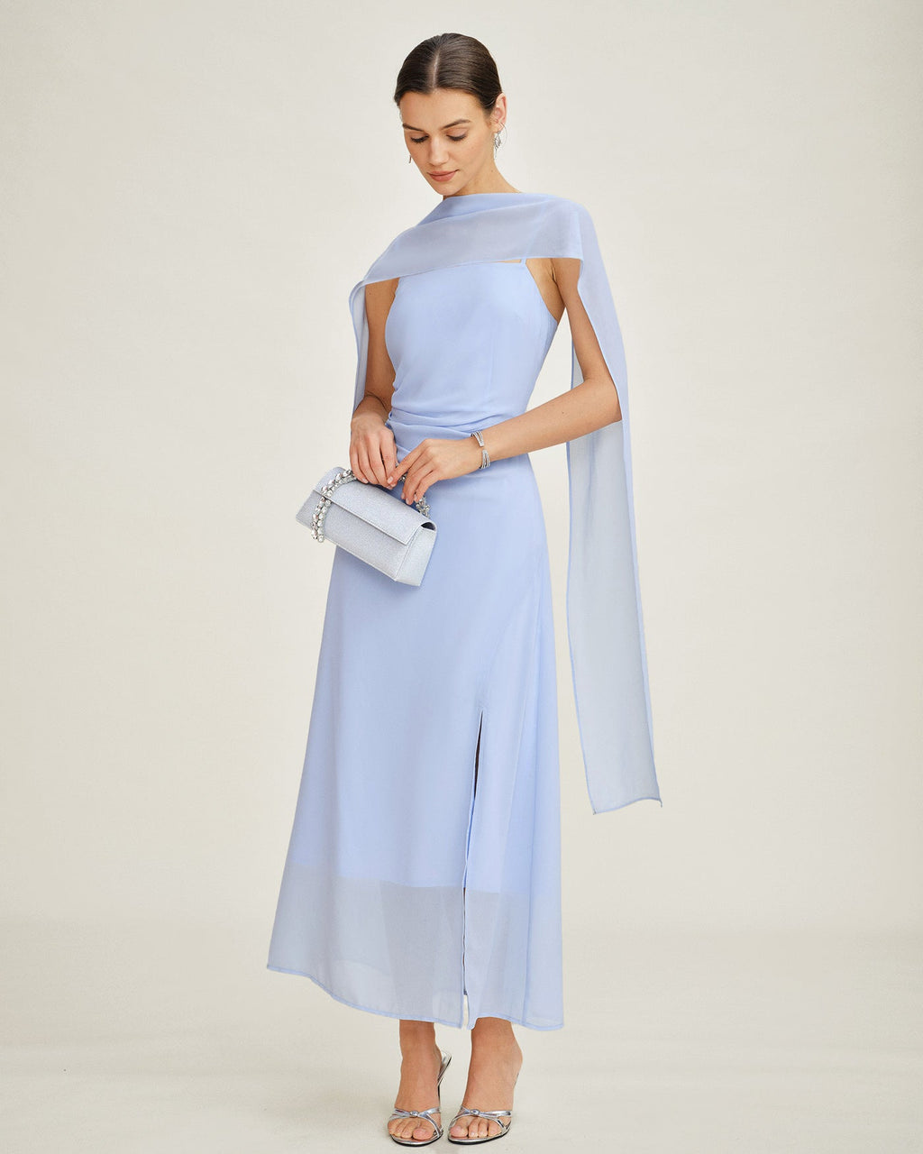 Blå Cowl Neck Strap Chiffon Maxi Klänning