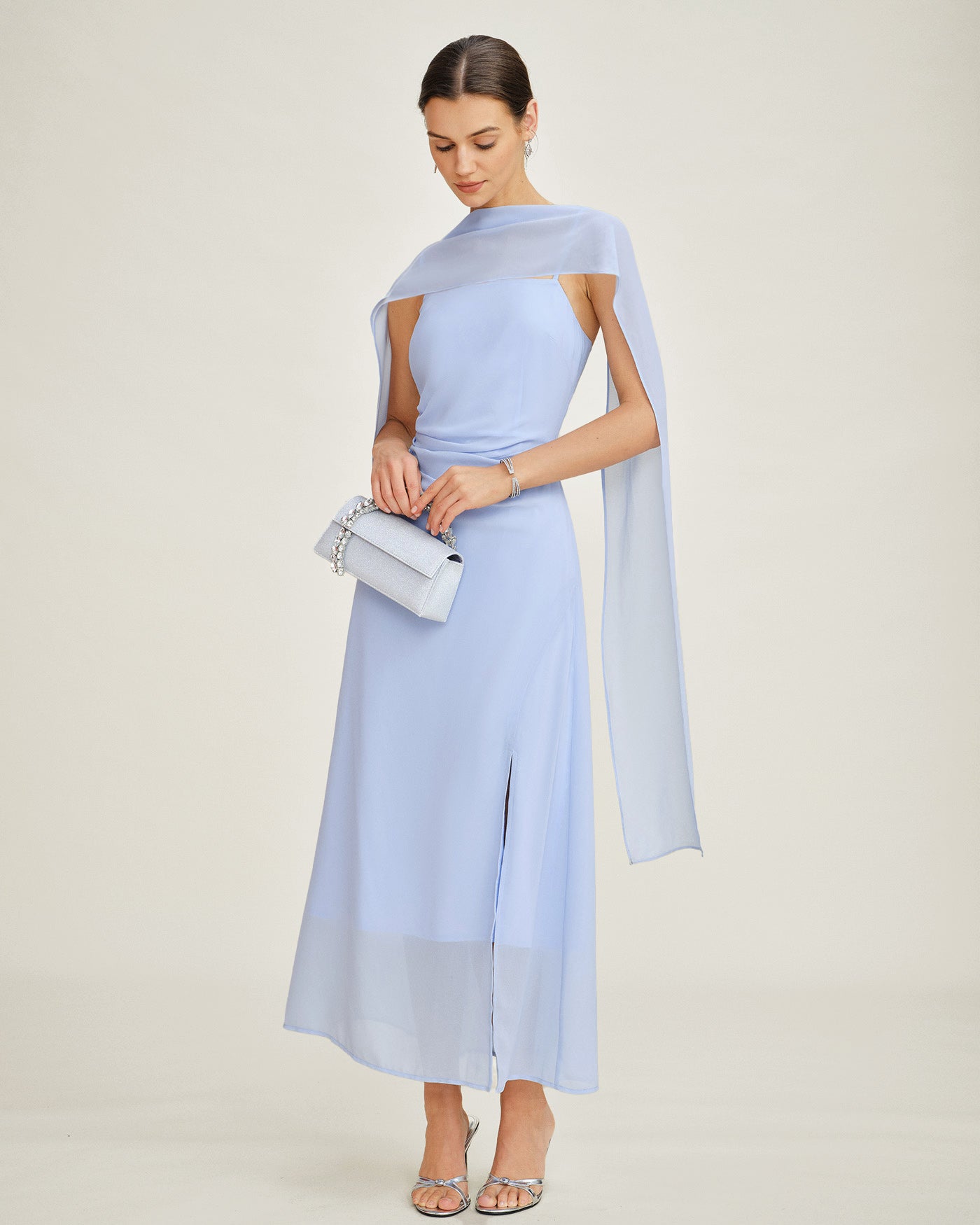 Blå Cowl Neck Strap Chiffon Maxi Klänning