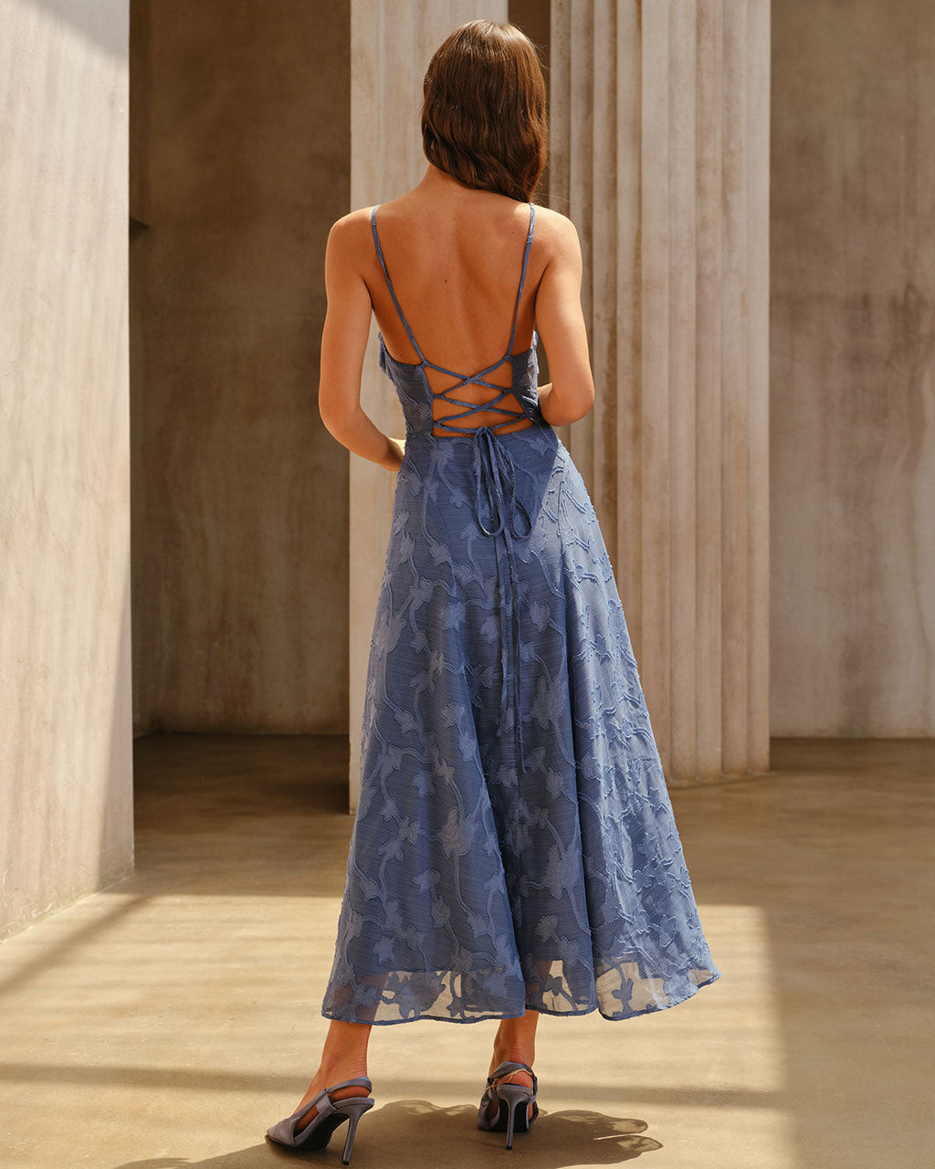 Blå Jacquard Rynkad Slip Maxi Klänning