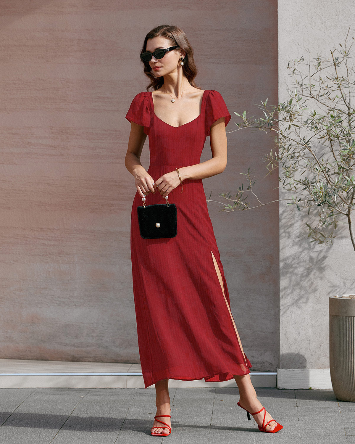 Röd Sweetheart Halsringning Jacquard Maxi Klänning