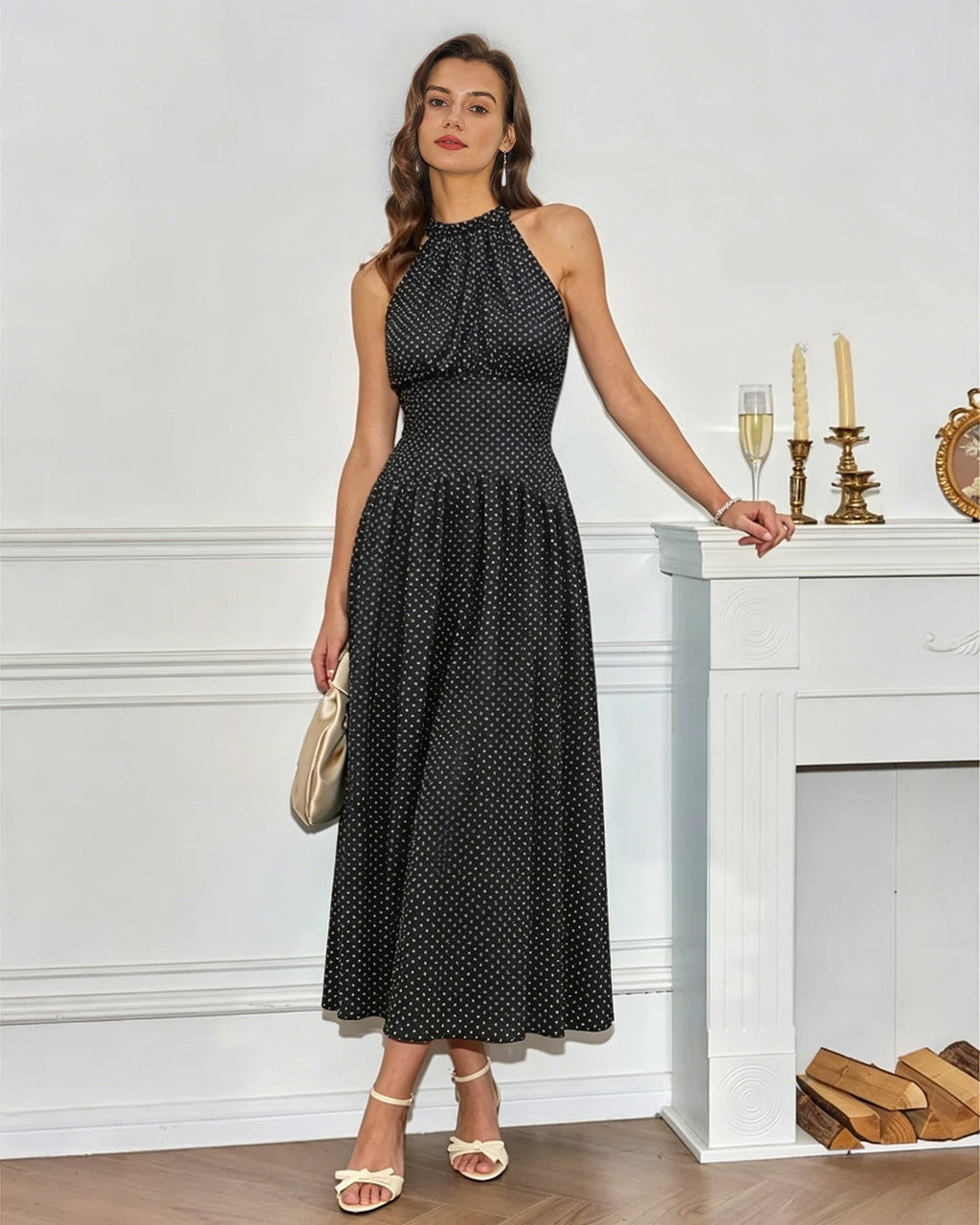 Svart Halter Tie Polka Dot Maxi Klänning