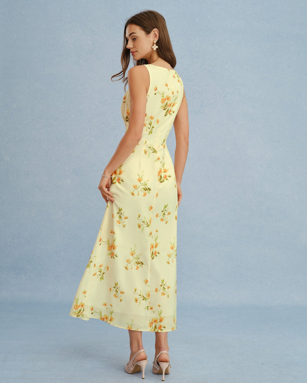Gul V-ringad Blommig Chiffon Maxiklänning