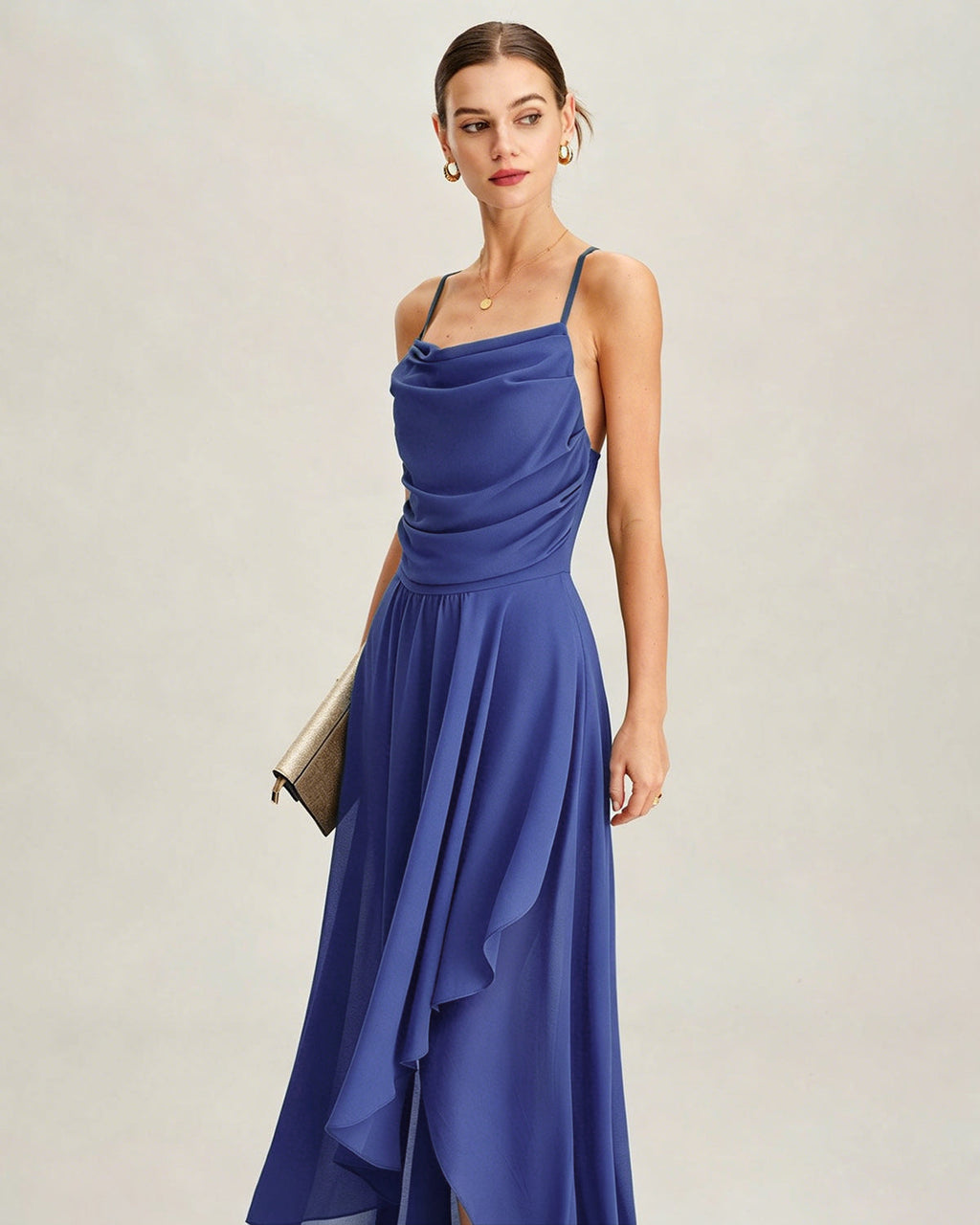 Blå Fyrkantig Hals Slip Chiffon Maxi Klänning