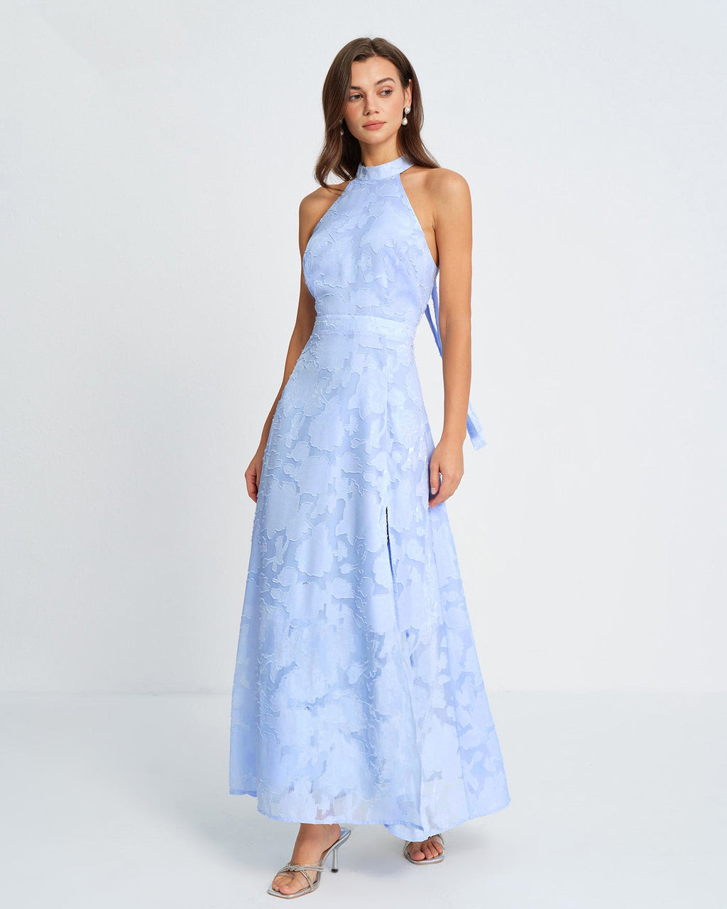 Blå Mock Neck Jacquard Maxi Klänning