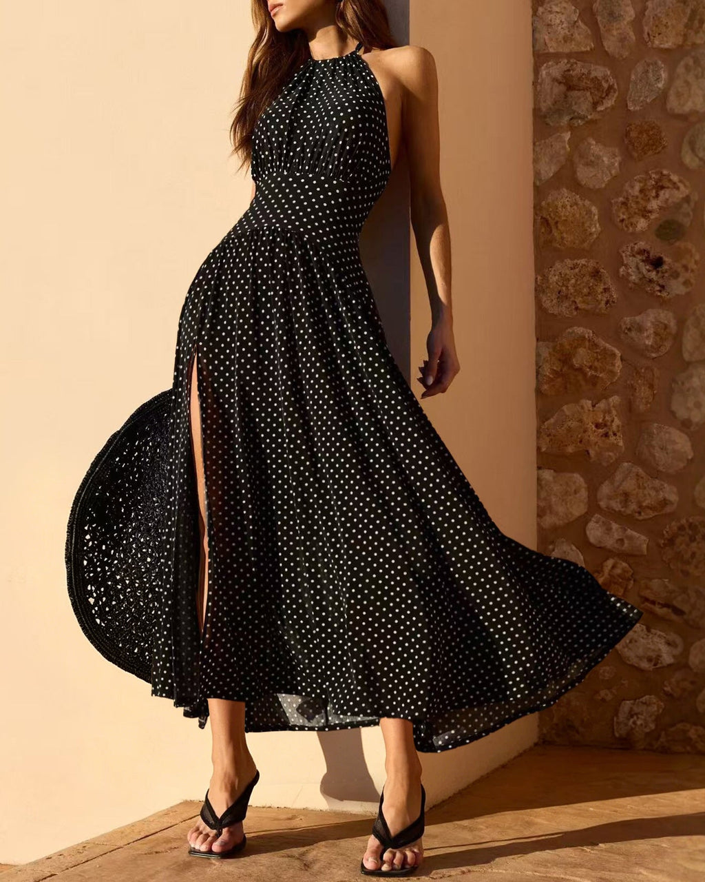Svart Halter Tie Polka Dot Maxi Klänning