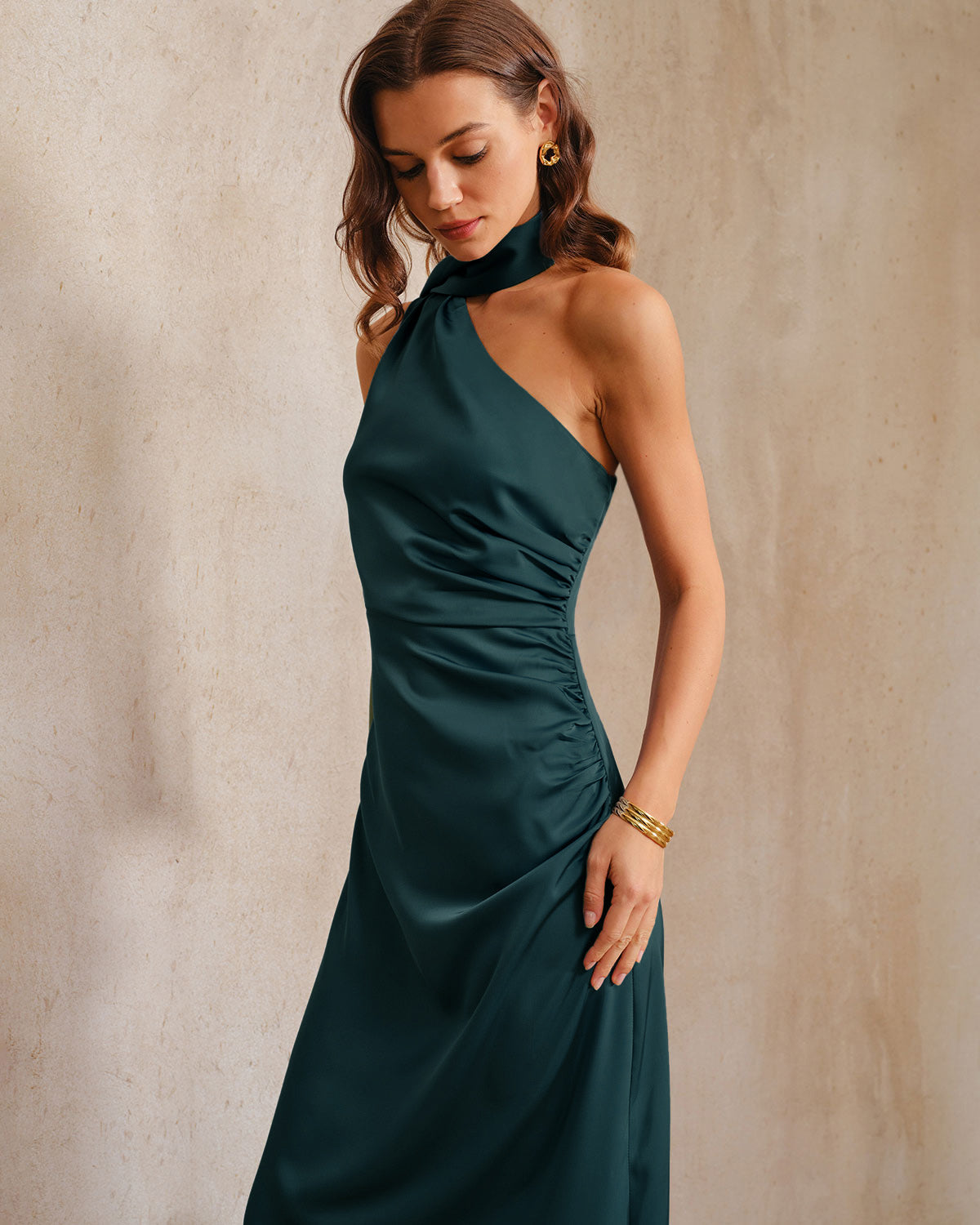 Mörkgrön One Shoulder Maxi Klänning