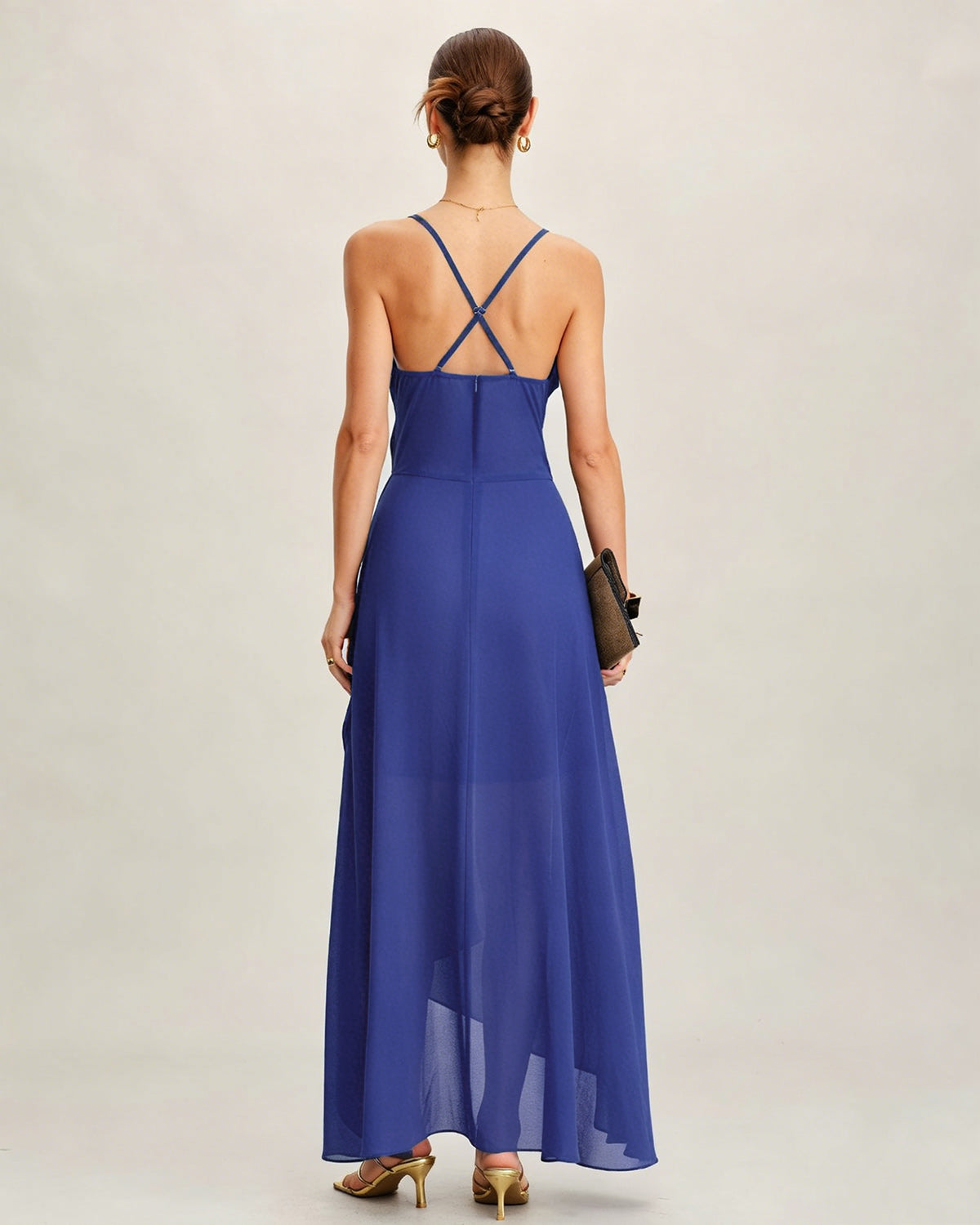 Blå Fyrkantig Hals Slip Chiffon Maxi Klänning