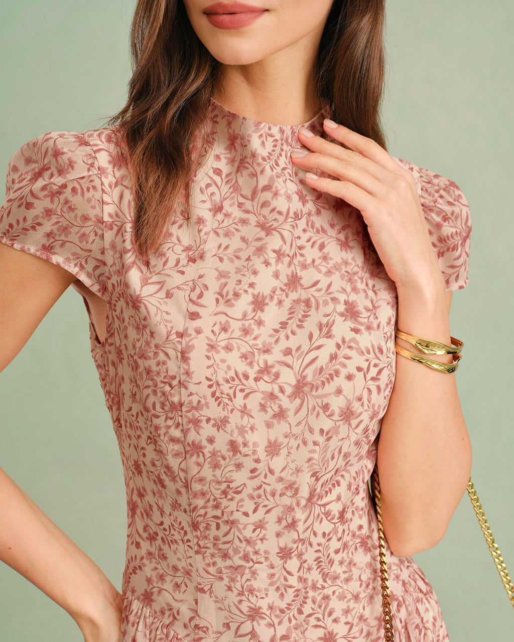 Rosa Mock Neck Blommig Maxiklänning