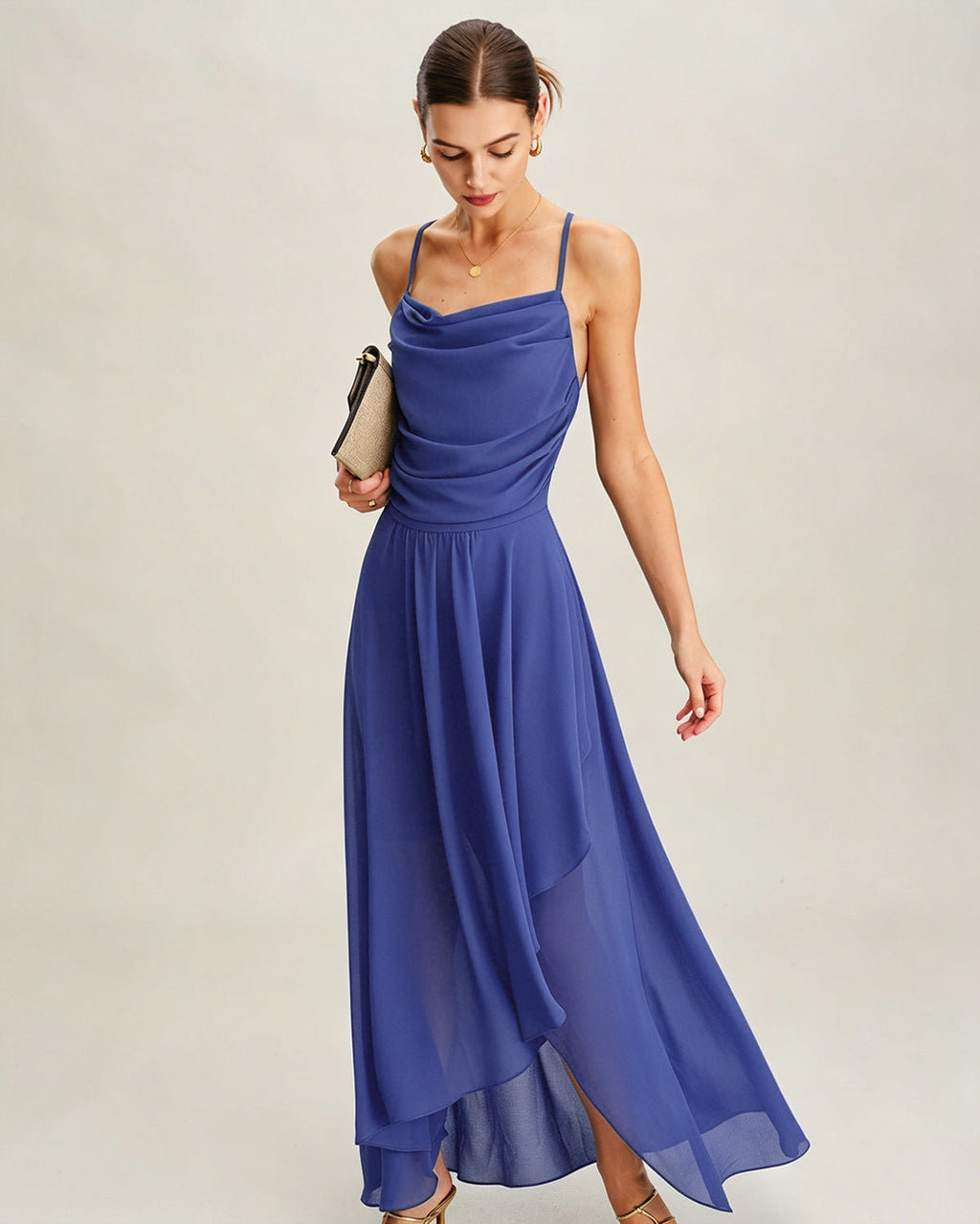 Blå Fyrkantig Hals Slip Chiffon Maxi Klänning