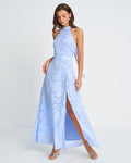 Blå Mock Neck Jacquard Maxi Klänning