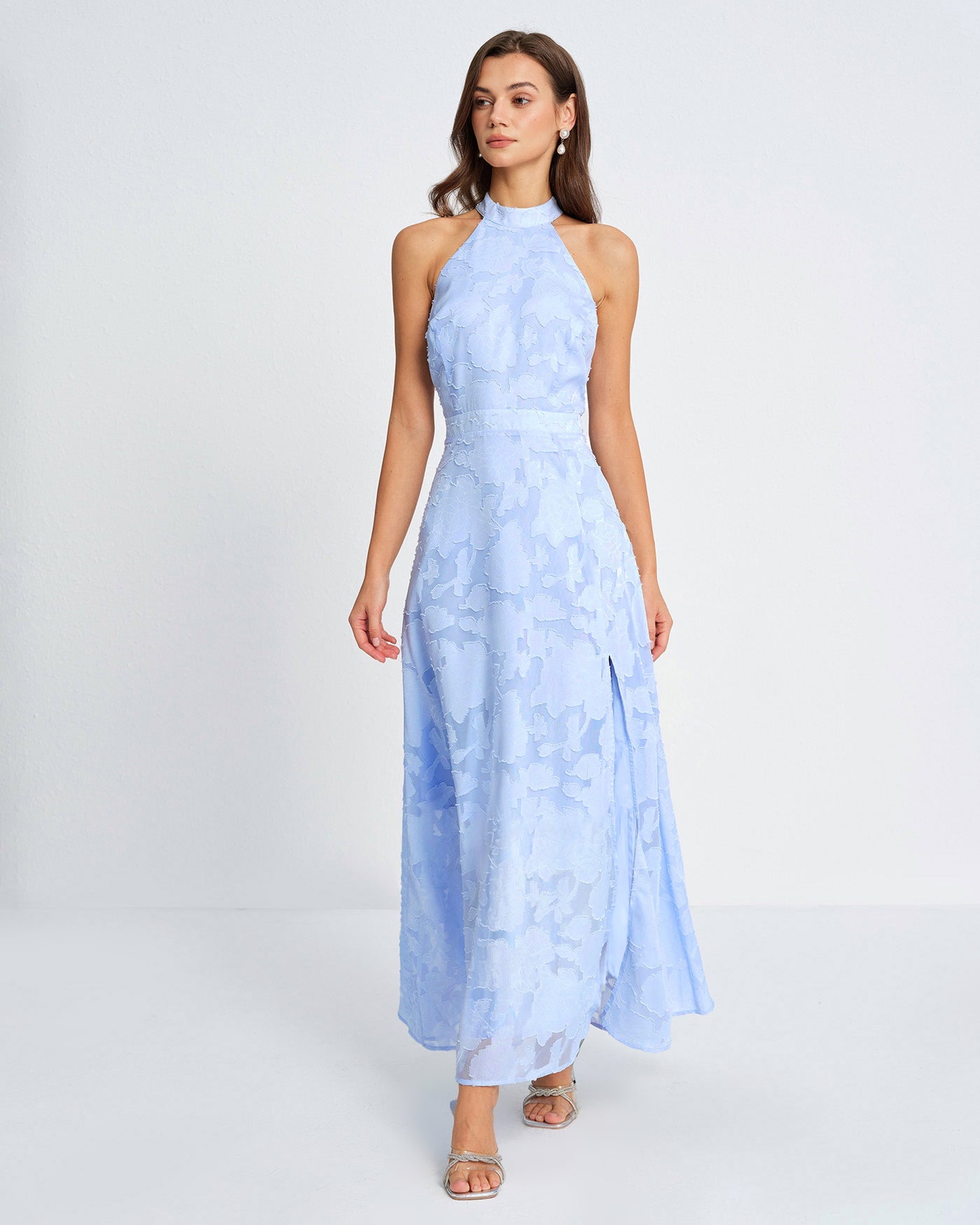 Blå Mock Neck Jacquard Maxi Klänning