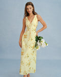 Gul V-ringad Blommig Chiffon Maxiklänning